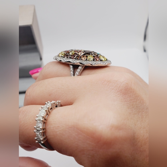 White - Chocolate - Yellow Diamond Simulants 925 Silver Statement Halo Ring - Picture 4 of 9